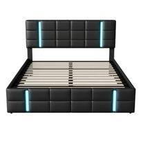 Minkšta lova su daiktadėže, LED ir USB, dvigulė lova su hidrauliniu mechanizmu ir galvūgaliu 140x200 cm, PU oda, juoda