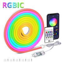 USB RGBIC Neoninės LED juostos 5V Vandeniui atspari Lanksti Virvė su APP Bluetooth Muzikos Sinchronizavimu ir Nuotolinio Valdymo pulteliu Žaidimų kambario Sienų Dekoracijai Vakarėliui 1m įvairiaspalvis