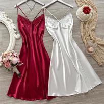 Long Simple Simulation Silk Sling Pajamas Women Bathroom Sexy Fashion Pajamas M raudona/balta