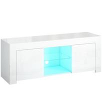 TV spintelė su LED apšvietimu, 2 spintelės durelės, stiklinė lentyna, kabelio angos, skirta svetainei, medžio drožlių plokštė, balta, Balta