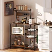 HOMCOM Virtuvinė pastatomų lentynų spintelė su 2 kištukiniais lizdais, 5 S formos kabliukais, 5 lentynomis, krepšeliu, plieninėmis X formos atramomis 90 x 42 x 130 cm, Kaimiška ruda spalva