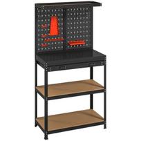 HOMCOM Dirbtuvių stalas 80 x 40,5 x 155 cm, su perforuota sienele, kabliukais, stalčiumi, 2 lentynomis, juodas, Juoda