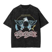 Aerosmith Europos Turo Erelio Logotipo Grafinis Spaudinys Vintažinė Išplauta Per dydžio Roko Grupės Gatvės Stiliaus Marškinėliai L