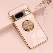 Atsparus smūgiams padengto žiedo laikiklio telefono dėklas, skirtas „Google Pixel 8A 8 7 Pro 7A 6A 5A“, silikoninis stovo nugarėlė, prabangus pilnas apsauginis dangtelis Google Pixel 8 Pro rožinė