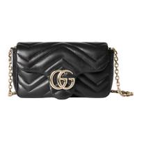 Gucci GG Marmont Mini Pečių Krepšys Su Šviesaus Aukso Metalinės Grandinėlės Dirželiu Iš Avies Odos Moteriškas Pečių Krepšys Juodas 841290-AAFAX-1000 Basic Set (Bag+Dust Bag)