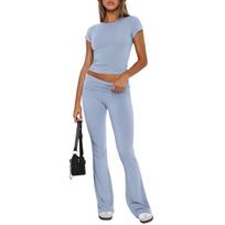 Patogus Moteriškas Sportinis Kostiumas Crop Top Ir Platėjančios Kelnės, Mėlynas, M, M