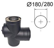 Juodas izoliuotas 90° trišakis su adapteriu ir revizija priešpriešiais kaminui. D-180/280 mm.