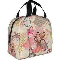 Lunch Bags Vintage Newspaper Lunch Box Bags Bicycle with Flowers for Women Washable Lunch Container Box 22x20x13CM juoda