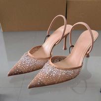 madingi 2024 m. moteriški aukštakulniai sandalai su blizgučiais ir kalnų krištolu, smailūs slingback tipo bateliai, dizainerio, vasariniai, tinkliniai, elegantiški moteriški vakarėlių, vestuvių batai 39 smėlis