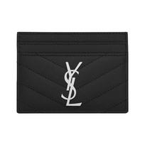 SAINT LAURENT YSL Sidabrinis logotipas įspaustas raštuotas dygsniuotas odinis kortelių dėklas Moteriškas Juodas Gift Set(Basic Package+Original Box&Bag） juoda