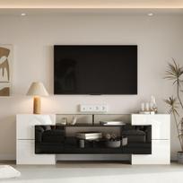 TV spintelė 200 cm su LED apšvietimu ir stiklo paviršiumi, balta/juoda