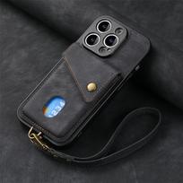 Kortelės lizdo laikiklio piniginės dėklas, skirtas Samsung S23 S22 Ultra S21 S20 Fe A14 A34 A54 A13 A23 A33 A53 A32 A52 / iPhone 14 13 Atverčiamas odinis dangtelis su rankiniu dirželiu iphone 12promax juoda