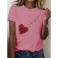 Women's Heart-shaped Dandelion Printed Round-neck Loose Short-sleeved Large-sized T-shirt S tamsiai raudona spalva
