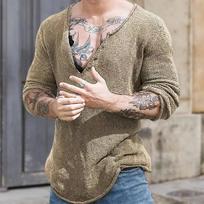 Men Solid Casual V Neck Streetwear Top Male Spring and Autumn Pullovers Simplicity Slim Long Sleeve Thin Sweater M chaki