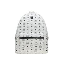 MCM baltas Visetos monogramos kuprinė su kniedėmis ir sidabro detalėmis, didelė dienos kuprinė kasdieniam ir mokykliniam naudojimui Basic Set (Bag+Dust Bag)