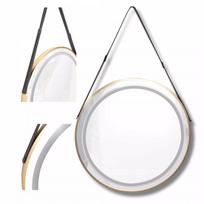 Apvalus LED veidrodis 60 cm elegantiškas odinis diržas auksinis rėmas sieninis jutiklinis