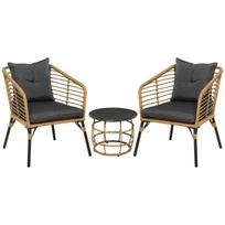 Rattan lauko baldų komplektas 3 vnt, sofa, 2 kėdės, staliukas, pagalvės, balkonas, smėlio+tamsiai pilka