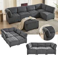 Modulinė sofa 6 vietų, kordas, ergonominė, su kišenėmis, U/L forma, miegama, pilka
