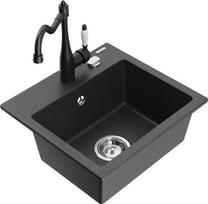 Mexen Milo granitinė 1-komorė kriauklė su virtuviniu maišytuvu Carla, juoda su taškeliais - 6505-76-670700-70, 435x410x171 mm