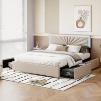 Moderni lova su 4 stalčiais ir LED apšvietimu, smėlio spalvos linas, grotelių rėmas, 140x200 cm, be čiužinio