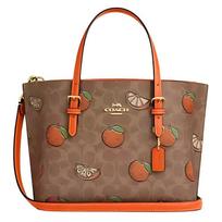 Coach Brown Signature Canvas Tote Bag with Orange Fruit Print & Detachable Strap for Daily & Travel Use Basic Set (Bag+Dust Bag)