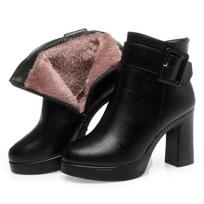 Madingi Žieminiai Juodi Stori Aukštakulniai Ankle Boots Moterims 2024 Šiltai Laikantys Madingi Elegantiški Trumpas Sagtis Apdaila Odiniai Batai 34
