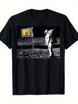 Vyriški retro marškinėliai su MTV mėnulio raštu - Retro astronautų mėnulio nusileidimo tema trumpomis rankovėmis viršutinė dalis su MTV logotipu S