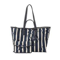 MCM Striped Canvas Tote Bag with Detachable Pouch & Logo Charm for Daily & Travel Use Basic Set (Bag+Dust Bag)