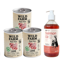 Wild Farm Pate Lamb 3x400g ėrienos ėdalas šunims be glitimo + LAB V Lašišų aliejus šunims ir katėms 500ml
