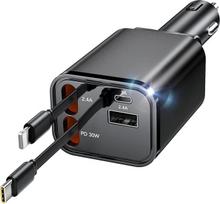 "Aimtel 4-in-1" cigarečių žiebtuvėlio USB C 69 W automobilinis įkroviklis, automobilinis įkroviklis stovyklavietei, automobilinis įkroviklis su ištraukiamu kabeliu, 12 V/24 V USB adapteris, suderinamas su iPhone/Samsung