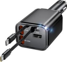 "Aimtel 4-in-1" cigarečių žiebtuvėlio USB C 69 W automobilinis įkroviklis, automobilinis įkroviklis stovyklavietei, automobilinis įkroviklis su ištraukiamu kabeliu, 12 V/24 V USB adapteris, suderinamas su iPhone/Samsung