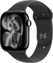 "Apple Watch Series 11" GPS 46 mm išmanusis laikrodis su juodu aliuminio korpusu ir juodu sportiniu dirželiu S/M, miego tašku, fitneso stebėjimo funkcija, sveikatos stebėjimu, nuolat veikiančiu ekranu, atsparus vandeniui
