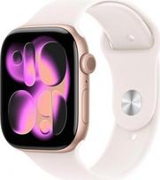 "Apple Watch Series 11" GPS 42 mm išmanusis laikrodis su rožinio aukso aliuminio korpusu ir šviesiai rausvu sportiniu dirželiu S/M, miego tašku, fitneso stebėjimo funkcija, sveikatos stebėjimu, nuolat veikiančiu ekranu, atsparus vandeniui