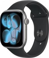 "Apple Watch Series 11" GPS 46 mm išmanusis laikrodis su kosminės pilkos spalvos aliuminio korpusu ir juodu sportiniu dirželiu S/M, miego tašku, fitneso stebėjimo funkcija, sveikatos stebėjimu, nuolat veikiančiu ekranu, atsparus vandeniui