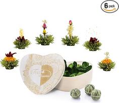 "Creano Blooming Tea" 6 arbatos gėlės medinėje širdies formos dėžutėje Žaliosios arbatos dovanų rinkinys