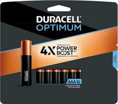 "DURACELL Optimum AAA" baterijos su "Power Boost" sudedamosiomis dalimis, 16 ilgai veikiančių dvigubų A tipo baterijų, universalios šarminės AA tipo baterijos, skirtos namų ir biuro prietaisams