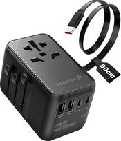 "Fosmon" universalus adapteris, 35W GaN III PD Schnellladegerät su integruotu USB-C kabeliu, 4 prievadai (2 USB-C + 2 USB-A), tarptautinis adapteris EU UK AU Deutschland England England US USA Japan