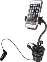 "Macally MCUPPOWER" 8 colių (20 cm) itin ilgas reguliuojamas automobilinis telefono laikiklis su 2 USB jungtimis ir 2 cigarečių žiebtuvėlio lizdais