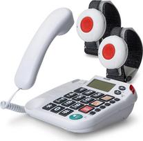 "Maxcom KXTSOS" senjorų telefonas su radijo avariniu siųstuvu, laidinis fiksuotojo ryšio telefonas su dviem apyrankiniais siųstuvais, dideliais mygtukais, adapterio kištuku, suderinamas su klausos aparatu