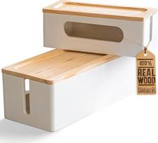 "Nature Supplies" 2 pušies medžio kabelių dėžių rinkinys - 1 maža kabelių dėžė stalui tvarkyti, 1 didelė grindų dėžė kabeliams tvarkyti (balta)