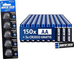 "North Tech" AA baterijos "Ultra Alkaline", 150 vnt. (2800 mAh) + 5 x CR2032 | 1,5 V energijos šaltinis prietaisams su dideliu suvartojimu | Aukštos kokybės, atsparios nuotėkiui ir patvarios I 10 metų galiojimo laikas