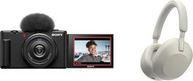 "Sony Vlog" fotoaparatas ZV-1F Skaitmeninis fotoaparatas, sulankstomas ir pasukamas ekranas ir WH-1000XM5 belaidės "Bluetooth" triukšmą slopinančios ausinės su 30 val. baterija