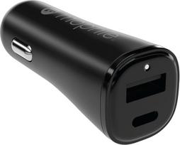 "ZAGG mophie Essentials" automobilinis įkroviklio adapteris, 12 W dvigubas USB-C ir USB-A automobilinis, greitasis įkroviklis, USB-C ir USB-A lizdas, LED ekranas, lengvas, kompaktiškas, vienalaikis įkrovimas (juodas)