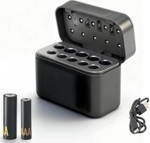 10 krypčių ličio jonų įkroviklis AA/AAA baterijoms (1,5 V) - automatinis aptikimas ir 0 V aktyvavimas - nepriklausomos įkrovimo stotelės (350 mAh/200 mAh) - kompaktiškas ir C tipo jungtis (juoda)
