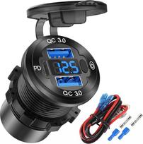 12 V USB lizdo laidas Aliuminio automobilinis įkroviklis Daugiafunkcinis dvigubas USB QC 3.0 prievadas ir PD USB-C lizdas su voltmetro jungikliu, skirtas automobiliui, valčiai, jūriniam sunkvežimiui, greitas iPhone iPad Android mobiliojo telefono įkrovima