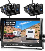 2 magnetinės atbulinės eigos kameros belaidės, 10 colių 1080P FHD monitorius, 9600 mAh įkraunama baterija, 1 minutės sąranka, IP69K vandeniui atsparios atbulinės eigos kameros nameliams ant ratų, priekaboms ir sunkvežimiams