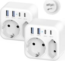 2 pakuotės kelioninis adapteris JAV Vokietija kištukas su 4 USB (2-USB C) ir 2 kištukiniais lizdais, "6-in-1" kelioninis adapteris B tipo kelioninis kištukas, skirtas kelionėms iš ES į Ameriką, Kanadą, Tailandą, Meksiką