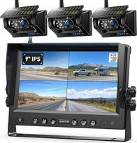 3 belaidės saulės magnetinės atbulinės eigos kameros, 9 colių 1080P HD monitorius, 9600 mAh akumuliatorius, 1 minutės montavimas, IP69K atsparumas vandeniui, skirtos priekaboms, nameliams ant ratų ir sunkvežimiams