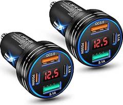 65 W cigarečių žiebtuvėlio USB, 2 pakuotės 4 prievadų automobilinis įkroviklis, USB C greitasis įkroviklis, PD&QC3.0 mobiliojo telefono automobilinis įkroviklis su LED voltmetru, 12 V adapteris iPhone 17 16 16e 15 Pro Max, Samsung S25 S24 Ultra