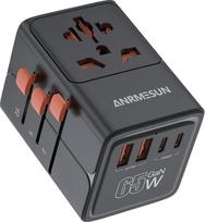 65 W GaN kelioninis adapteris visame pasaulyje, universalus kelioninis adapteris, kelioninis kištukas su 2 USB C ir 2 USB A, greito įkrovimo tarptautinis kištukinis lizdas, skirtas ES, JK, JAV, Japonijai, Tailandui, Australijai, juodas
